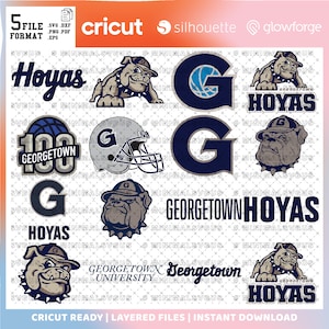 May include: A set of five layered SVG files for cutting machines, featuring the Georgetown Hoyas logo, mascot, and lettering. The files include a basketball, a football helmet, and a bulldog.