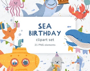 Può includere: Un colorato set di clipart digitali a tema compleanno marino. L'immagine presenta varie creature marine come uno squalo, una balena e un'aragosta, tutte con cappelli da festa e che tengono regali o torte. Il testo "SEA BIRTHDAY" è ben visibile.