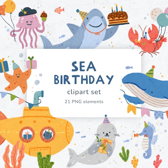 Sea Birthday Party Animals PNG Animal Parade Clipart Ocean Birthday Transparent PNG Summer Party Clipart Animal Pool Party Birthday Card
