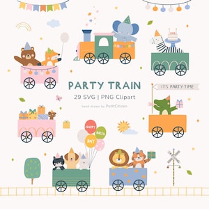 May include: A collection of colorful, cartoon-style clipart featuring a "Party Train" theme. The illustrations include various animals riding on train cars, balloons, gifts, and the text "PARTY TRAIN". The image is hand-drawn and suitable for party decorations.