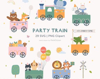 Pode incluir: Um conjunto de ilustrações de clipart coloridas com o tema "Party Train". A imagem apresenta animais de desenho animado em vagões de trem, balões e presentes. O texto inclui "PARTY TRAIN". Ideal para decorações de festas.