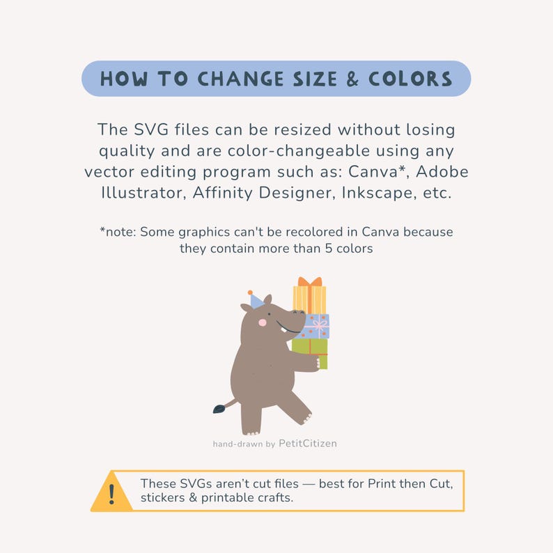 May include: A digital graphic with text that reads "HOW TO CHANGE SIZE & COLORS". A cartoon hippo wearing a party hat carries gifts. Text below reads "These SVGs aren't cut files - best for Print then Cut, stickers & printable crafts."