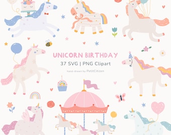 Clipart di compleanno con unicorno stravagante: festa a tema fiaba pastello per bambina, PNG SVG