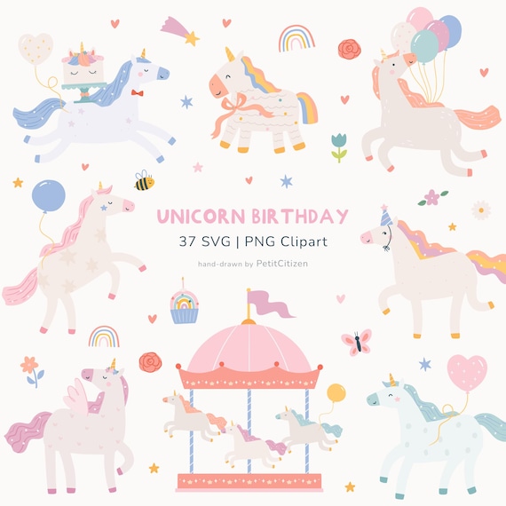 Whimsical Unicorn Birthday Clipart: Pastel Fairytale Theme Party for Girl, PNG SVG