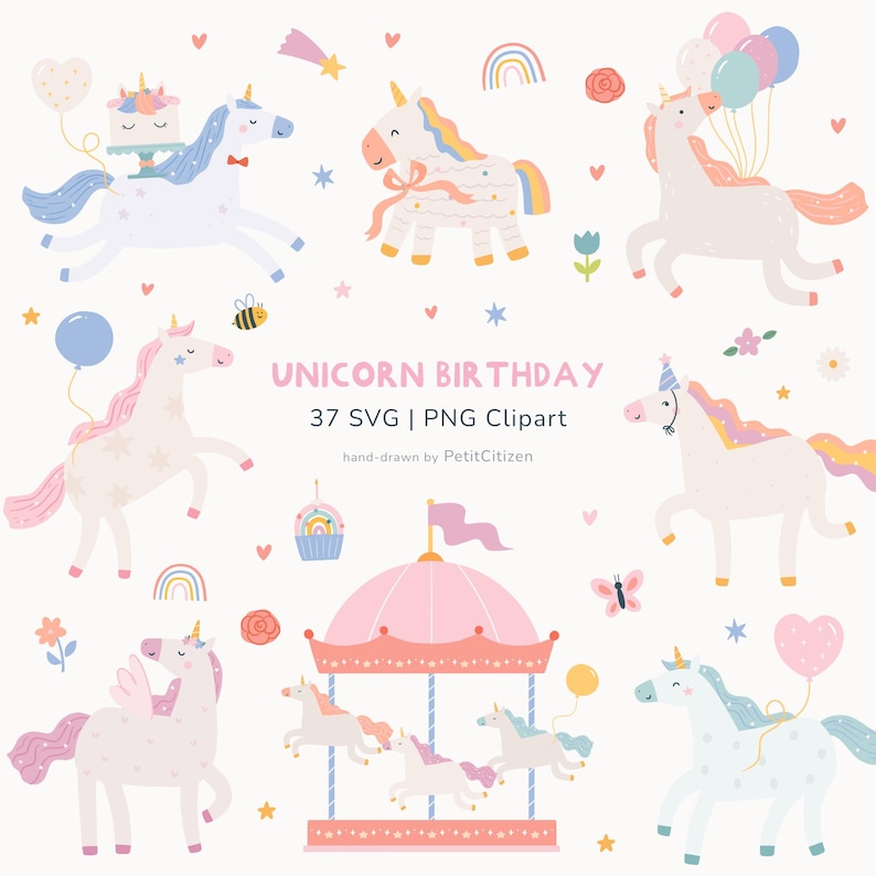 Op de afbeelding: Illustraties met eenhoornthema, met kleurrijke eenhoorns, ballonnen, regenbogen en een draaimolen. De afbeelding bevat de tekst "Unicorn Birthday 37 SVG | PNG Clipart". Handgetekende illustraties.