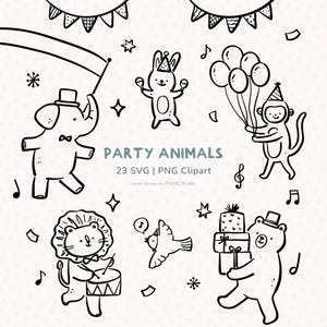 May include: Black and white clipart featuring party animals, including an elephant, rabbit, monkey, lion, bird, and bear. The text "PARTY ANIMALS" is displayed, along with "23 SVG | PNG Clipart" and "hand-drawn by PetitCitizen".