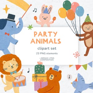 Animais de aniversário Clipart Animal Parade Clipart para uso comercial Transparente PNG Festa Clipart Músico Banda Animal PNG Cartão de aniversário