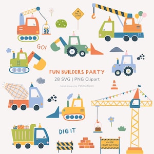 May include: A collection of colorful, cartoon-style construction vehicles and party-themed elements. The image includes trucks, cranes, and tractors, along with text that reads "FUN BUILDERS PARTY" and "DIG IT".