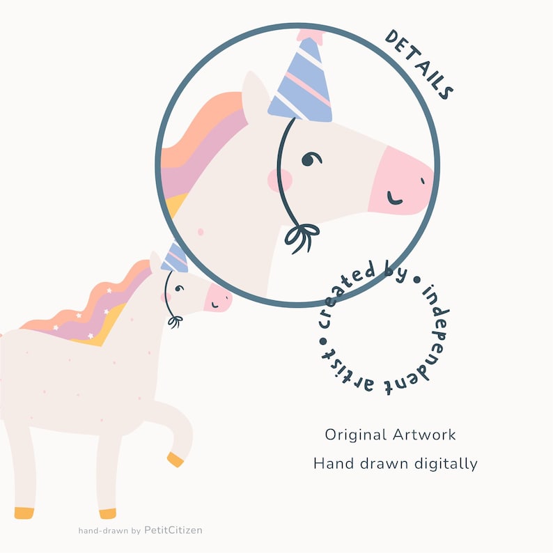 Op de afbeelding: Een grillige illustratie van een eenhoorn met een feesthoed en een regenboogmanen. De afbeelding bevat een gedetailleerde close-up in een cirkel en de tekst "DETAILS" en "created by independent artist". Het kunstwerk is digitaal met de hand getekend.