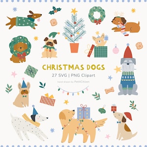 May include: A collection of Christmas-themed dog illustrations. The image features various dog breeds adorned with festive accessories like Santa hats, sweaters, and wreaths. The text "CHRISTMAS DOGS" is displayed prominently, along with "27 SVG | PNG Clipart".