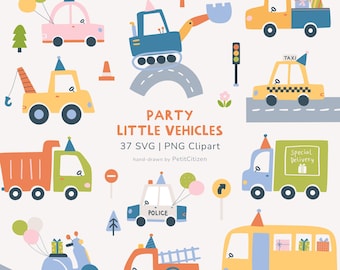 Party Vehicles Clipart: Fun Transportation SVG PNG for Kids Birthday Invitation, Gifts and Decor