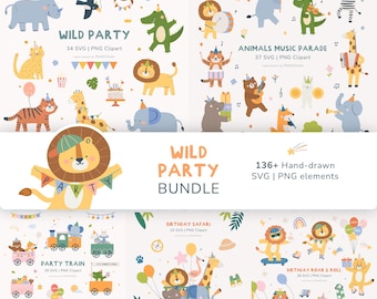 Pode incluir: Um pacote gráfico digital intitulado Wild Party Bundle contendo mais de 136 elementos SVG e PNG desenhados à mão. A coleção inclui ilustrações de animais como leões, elefantes e tigres usando chapéus de festa, além de trens e veículos.
