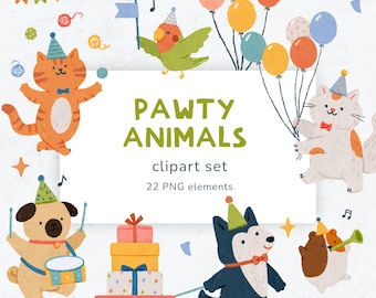 Può includere: Un colorato set di clipart intitolato "PAWTY ANIMALS" con vari animali dei cartoni animati, tra cui un gatto, un cane e un uccello, tutti con cappelli da festa. L'immagine include palloncini, regali e note musicali, con il testo "22 PNG elements".