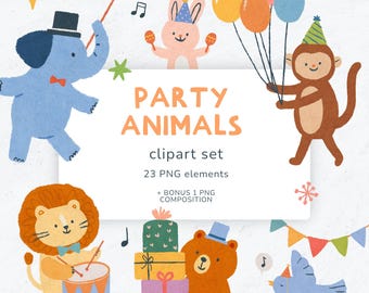 Può includere: Un colorato set di clipart intitolato "PARTY ANIMALS" con illustrazioni di un elefante, un coniglio, una scimmia, un leone, un orso e un uccello. Gli animali sono raffigurati con accessori per feste come palloncini, maracas e regali. Il set include 23 elementi PNG.