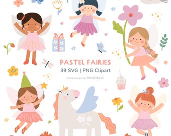 Grillige pastel feeën clipart voor feestdecor - verjaardagsfeestje meisje thema - SVG- en png-bestanden