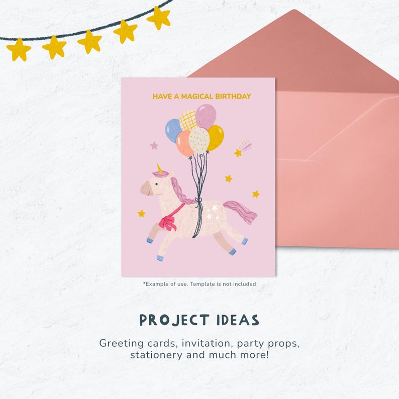 May include: A pink birthday card with a unicorn illustration holding balloons, with the text "HAVE A MAGICAL BIRTHDAY". A pink envelope is next to the card. Yellow star garland is at the top. The card is for greeting cards, invitations, party props, and stationery.