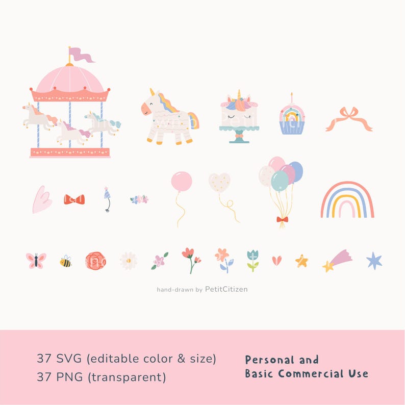 Op de afbeelding: Een verzameling grillige illustraties met een carrousel, eenhoorn, taart, cupcake, ballonnen, regenboog, bloemen en andere decoratieve elementen. De afbeelding bevat de tekst "hand-drawn by PetitCitizen" en informatie over het bestandsformaat.
