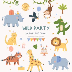 May include: A collection of whimsical, hand-drawn animal illustrations, including a rhino, monkey, lion, tiger, giraffe, and elephant, all wearing party hats. The phrase "WILD PARTY" is displayed, along with additional party-themed graphics.
