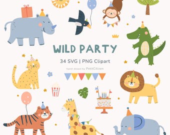 Dzikie zwierzę na przyjęciu urodzinowym Clipart SVG PNG - Jungle Safari Animal PNG Urodzinowe zaproszenie Clipart SVG Tygrys Dekoracja na przyjęcie Lew Kartka urodzinowa