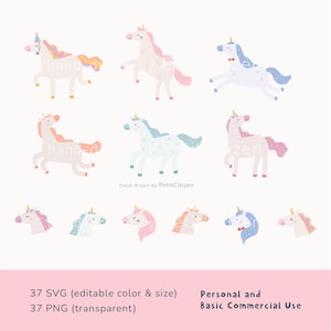 Op de afbeelding: Een verzameling grillige eenhoornillustraties in pastelkleuren, waaronder roze, blauw en perzik. De afbeelding bevat full-body en alleen-hoofd ontwerpen. Tekst geeft de beschikbaarheid van SVG- en PNG-bestanden aan voor persoonlijk en basis commercieel gebruik.