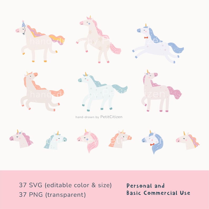 Op de afbeelding: Een verzameling grillige eenhoornillustraties in pastelkleuren, waaronder roze, blauw en perzik. De afbeelding bevat full-body en alleen-hoofd ontwerpen. Tekst geeft de beschikbaarheid van SVG- en PNG-bestanden aan voor persoonlijk en basis commercieel gebruik.