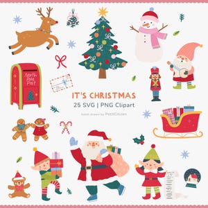 Puede incluir: Una colección digital de ilustraciones con temática navideña que incluye un reno, un árbol de Navidad decorado, un muñeco de nieve, un gnomo, un buzón rojo con la etiqueta North Pole Post, un cascanueces, un trineo, figuras de jengibre, Santa Claus y elfos.