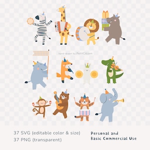 May include: A collection of whimsical animal illustrations, each depicted playing a musical instrument or carrying gifts. The animals include a zebra, giraffe, lion, hippo, rhino, fox, bear, tiger, elephant, and alligator. The image includes the text "hand-drawn by PetitCitizen".