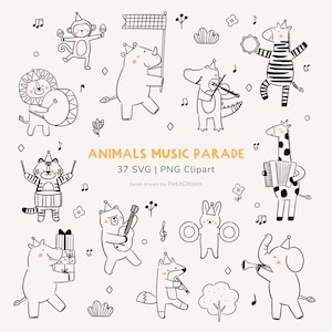 Puede incluir: Ilustración en blanco y negro de un desfile musical de animales. La imagen incluye un mono, un rinoceronte, un caimán, una cebra, un león, un tigre, un oso, un conejo, un zorro, una jirafa y un elefante, cada uno tocando un instrumento musical. Texto: "ANIMALS MUSIC PARADE".