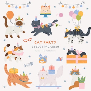 May include: A digital illustration set titled CAT PARTY 33 SVG | PNG Clipart hand-drawn by PetitCitizen featuring various cats wearing party hats, balloons, gifts, bunting, and cake. The cats are depicted in different colours and poses.