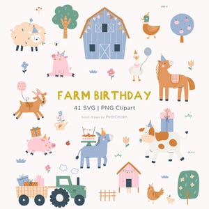 Può includere: Illustrazioni a tema fattoria, tra cui un fienile blu, animali come una pecora, un maiale e un cavallo, e il testo "FARM BIRTHDAY". Le immagini sono disegnate a mano e includono cappelli da festa e regali.