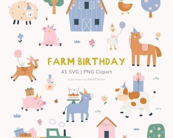 May include: A collection of farm-themed illustrations, including a blue barn, animals like a sheep, pig, horse, and cow, and the text "FARM BIRTHDAY". The images are hand-drawn and include party hats and gifts.