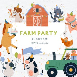Clipart anniversaire animaux de la ferme Clipart fête des animaux défilé pour usage commercial Grange Baby Shower Clipart musicien animal carte d'anniversaire PNG