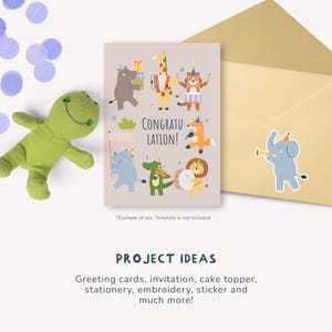 May include: A greeting card with the word "CONGRATULATION!" and illustrations of animals playing instruments. A green plush frog and a gold envelope with an elephant sticker are also visible. The card is suitable for various projects.