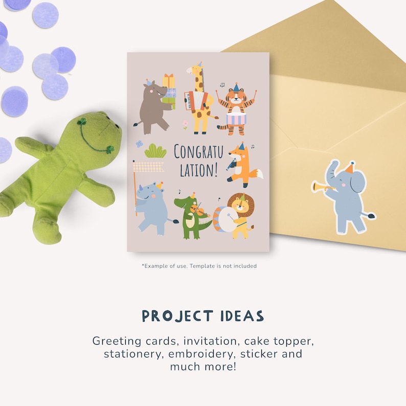 May include: A greeting card with the word "CONGRATULATION!" and illustrations of animals playing instruments. A green plush frog and a gold envelope with an elephant sticker are also visible. The card is suitable for various projects.