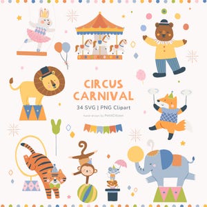 Imágenes prediseñadas de animales de circo: decoración para fiestas de cumpleaños con temática de carnaval (SVG, PNG)