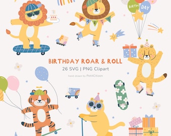 Può includere: Illustrazioni colorate con animali dei cartoni animati, tra cui leoni, una tigre e un ghepardo, che festeggiano compleanni. L'immagine include il testo "BIRTHAY ROAR & ROLL" e "26 SVG | PNG Clipart".