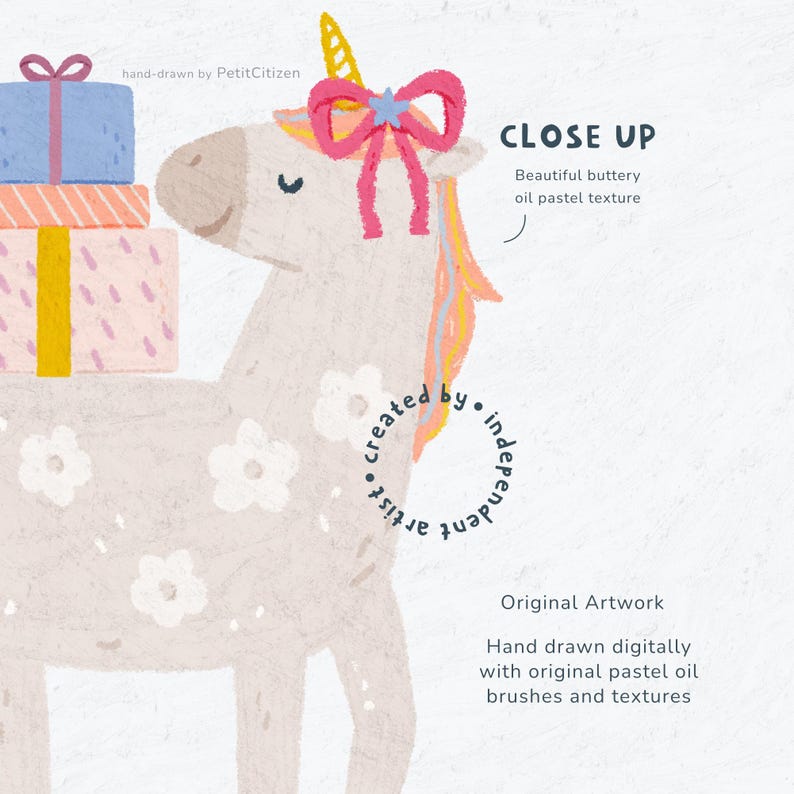 May include: A whimsical illustration of a unicorn with a yellow horn and a pink bow. The unicorn carries gifts and has a floral pattern. The text says "CLOSE UP" and "Beautiful buttery oil pastel texture". The artwork is hand-drawn digitally.
