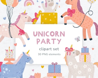 Pink Unicorn verjaardag clipartset: mystieke dieren PNG (digitale download, 30 bestanden, 300 DPI)