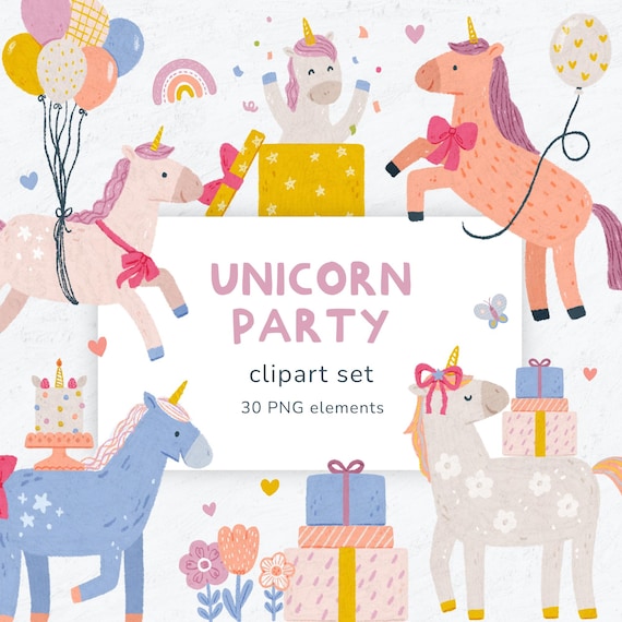 Pink Unicorn Birthday Clipart Set: Mystical Animal PNG (Digital Download, 30 Files, 300 DPI)