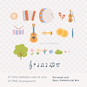 May include: A collection of hand-drawn musical instruments, including a guitar, violin, drum, accordion, and trumpet. The image also features musical notes, flowers, and the text "hand-drawn by PetitCitizen".