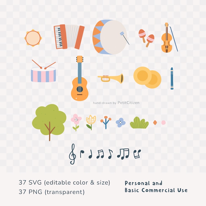 May include: A collection of hand-drawn musical instruments, including a guitar, violin, drum, accordion, and trumpet. The image also features musical notes, flowers, and the text "hand-drawn by PetitCitizen".