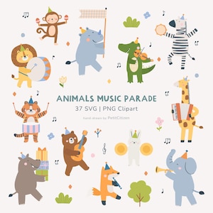Op de afbeelding: Een vrolijke illustratie van een muzikale dierenparade. De afbeelding toont een aap met maracas, een neushoorn met een vlag en een zebra met een tamboerijn. De tekst luidt "ANIMALS MUSIC PARADE".