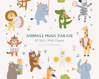 Può includere: Un'illustrazione stravagante con una parata di animali che suonano strumenti musicali. L'immagine include una scimmia con le maracas, un rinoceronte con una bandiera e una zebra con un tamburello. Il testo recita "ANIMALS MUSIC PARADE".