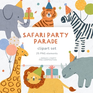 May include: A digital clipart set titled "Safari Party Parade" featuring illustrations of party animals, including an elephant, tiger, zebra, giraffe, lion, and rhino, all wearing party hats. The set includes balloons and gift boxes.