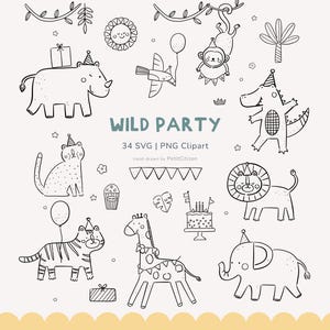 Hand Drawn Wild Birthday Party Animal Clipart SVG PNG - Jungle Safari Animal PNG Birthday Invitation Doodle Svg Tiger Party Decor Lion