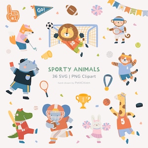 以下が含まれることがあります： Sporty Animals 36 SVG | PNG Clipartのデジタルコレクション。ゴールキーパーのライオン、テニスをするサル、フットボールをするゾウ、バスケットボールをするキリンなど、様々なスポーツをする動物のイラストが描かれています。
