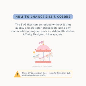 Op de afbeelding: Digitale illustratie van een carrousel met eenhoorns in pastelkleuren. Tekst legt uit dat de SVG-bestanden van formaat kunnen worden veranderd en van kleur kunnen worden gewijzigd. De afbeelding vermeldt ook dat de bestanden het meest geschikt zijn voor printen, stickers en knutselen.