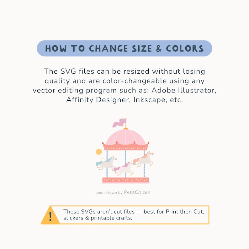 Op de afbeelding: Digitale illustratie van een carrousel met eenhoorns in pastelkleuren. Tekst legt uit dat de SVG-bestanden van formaat kunnen worden veranderd en van kleur kunnen worden gewijzigd. De afbeelding vermeldt ook dat de bestanden het meest geschikt zijn voor printen, stickers en knutselen.