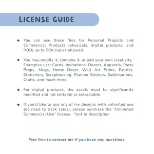 Może przedstawiać: Białe tło z tekstem "LICENSE GUIDE" w niebieskim banerze. Tekst wyjaśnia prawa do użytkowania dla projekt&oacute;w osobistych i komercyjnych, w tym produkt&oacute;w cyfrowych, z limitem 500 kopii. Przykłady: kartki, dekoracje i odzież.