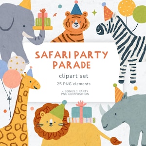 Safari verjaardag dieren Clipart Animal Party Parade Clipart voor commercieel gebruik Safari Animal PNG partij decoratie Clipart verjaardagskaart